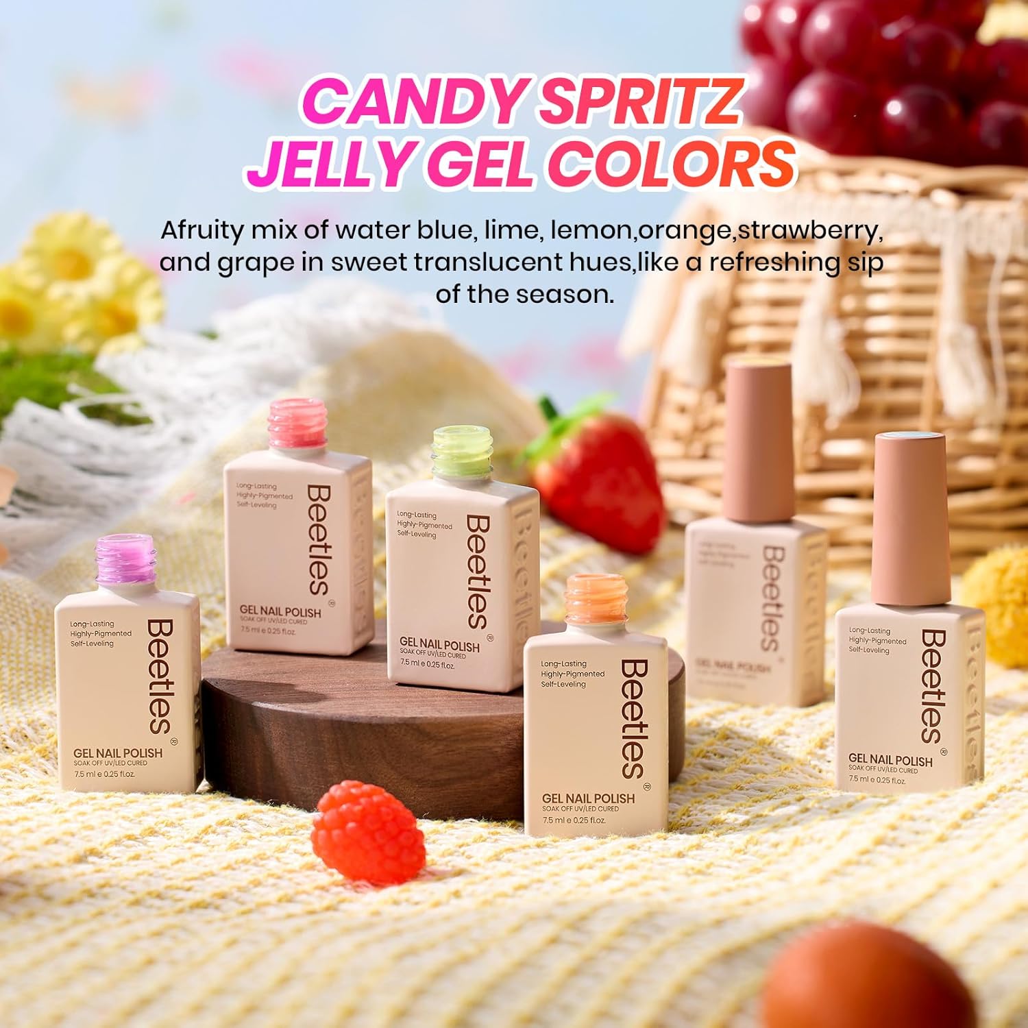 Beetles Candy Spritz Jelly Gel Nail Polish Set - 6 Colors Pastel Spring Gel Nail Kit Red Purple Blue Green Yellow Orange Sheer Translucent Effect Soak Off UV Nail Art Gift Manicure for Women