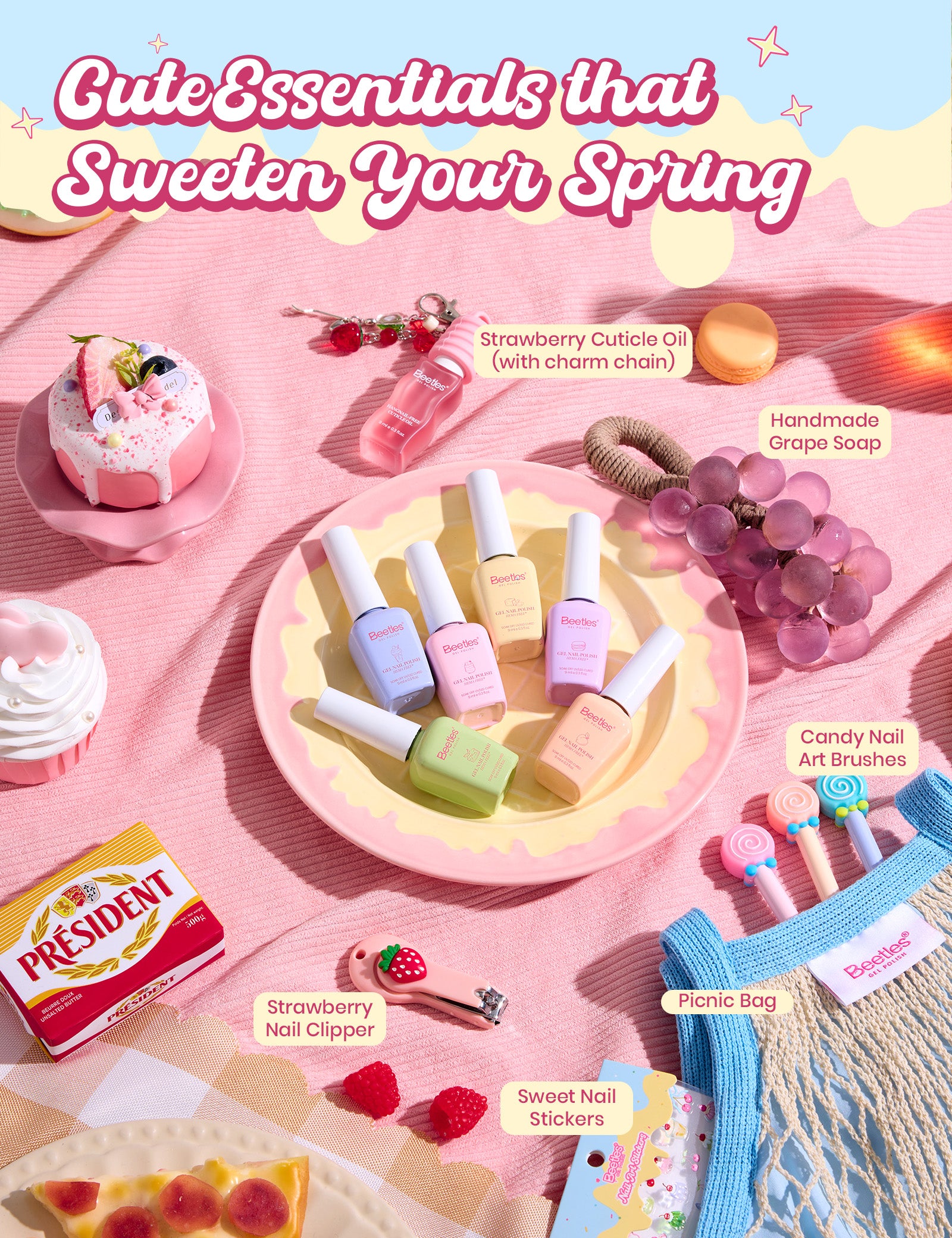 Beetles Stay Shining Taste of Spring HEMA Free TPO Free Spring Gel Polish Giftr Box 6 Colors Pastel Gel Polish Set with Base Top Coats Mini UV Lamp Press On Nails Tools, Complete DIY Manicure Set for Home Salon