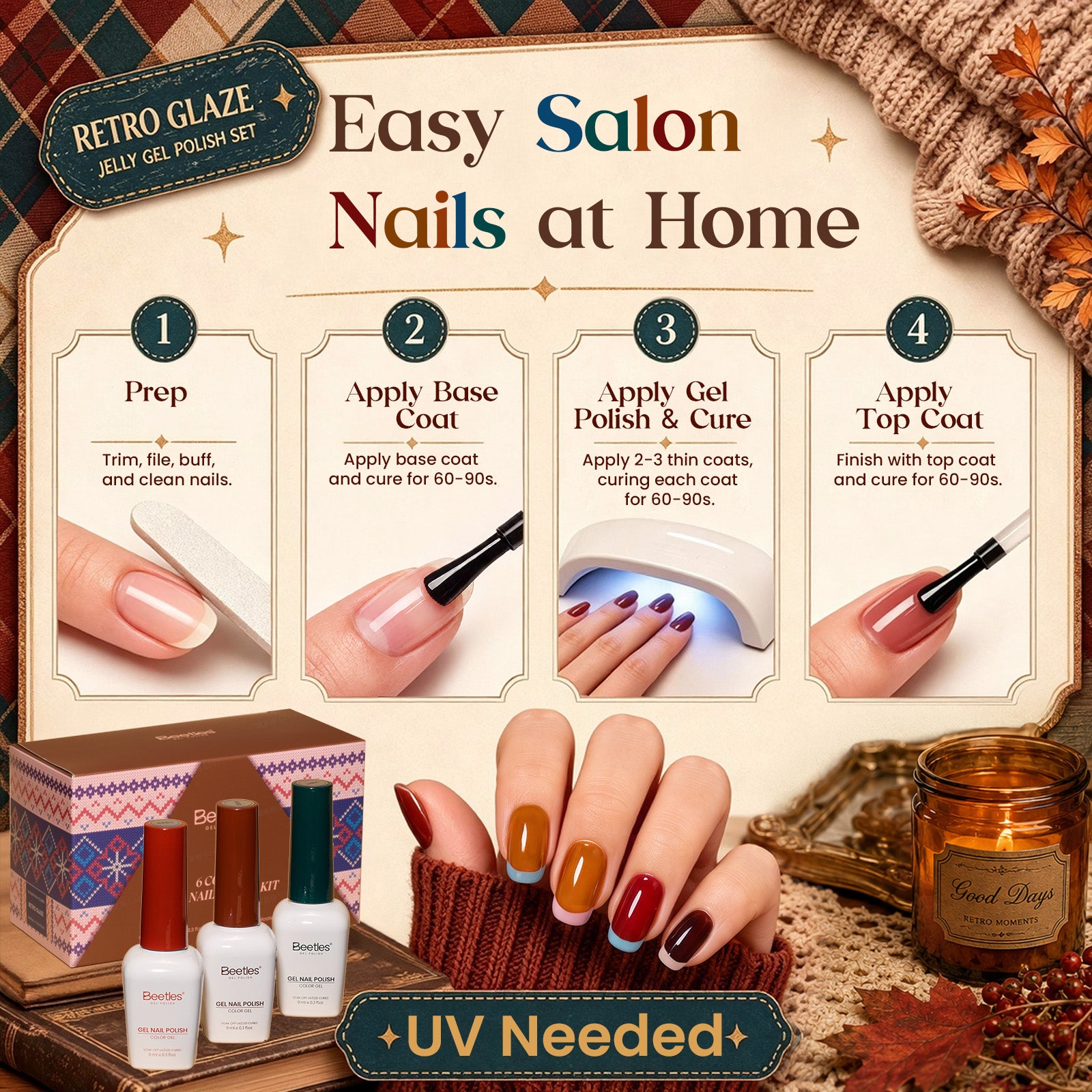 Beetles Fall Nails Season - Retro Glaze 6 Colors Jelly Gel Polish Set Fall Winter Nails 9ML