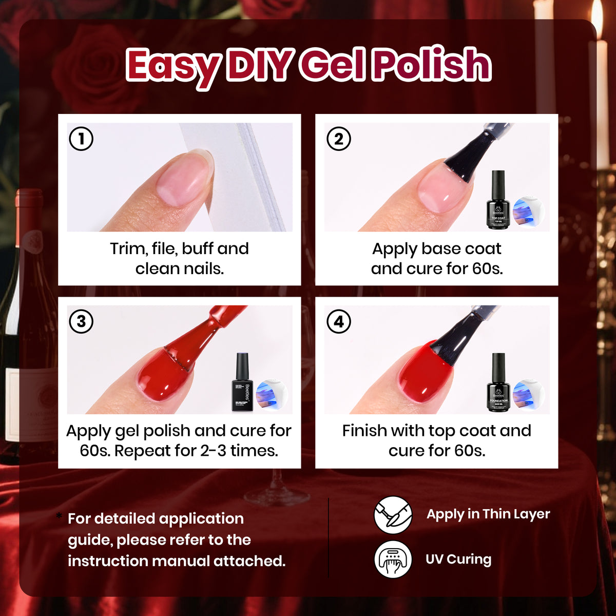 Beetles Burgundy Night  6 Red Wine Colors Gel Nail Polish Set 15ML HEMA-Free and TPO-Free