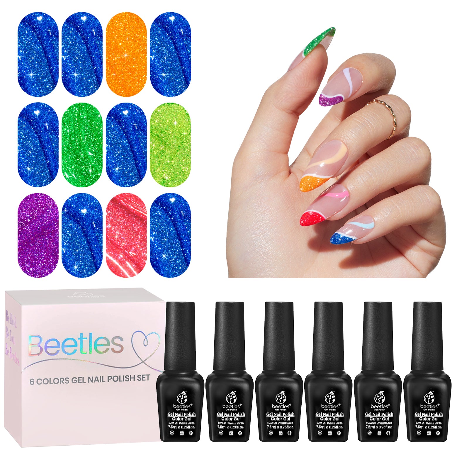 Beetles Gel Polish 6 Different Blue Hot Red Green Orange Series Gel Nail Polish Set, Glitter Fall Autumn Winter Spring Summer Social Occasions Gel Nail Polish Kit Gift for Holiday