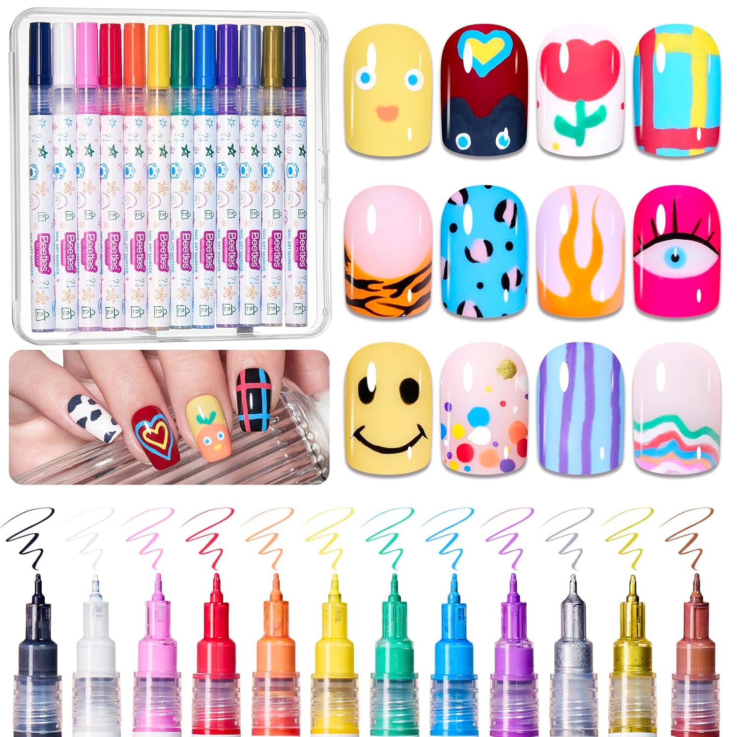 Beetles 12 Colors Nail Art Pens, 0.5mm Fine Line Quick Air Drying Acrylic Paint Markers