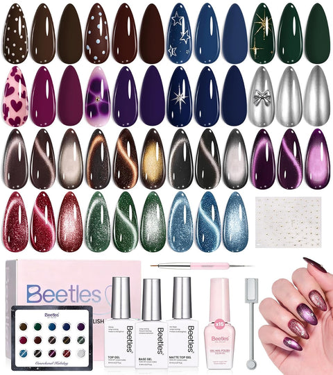 Beetles Courchevel Holiday Fall & Winter Nails 15 Colors Gel Nail Polish Set with Cat Eye Colors Halloween Nails