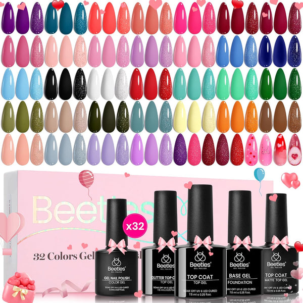 Fingertip Palette - Valentine Nails Prime 32 Gel Colors Set with Top and Base Coat (5ml/Each)