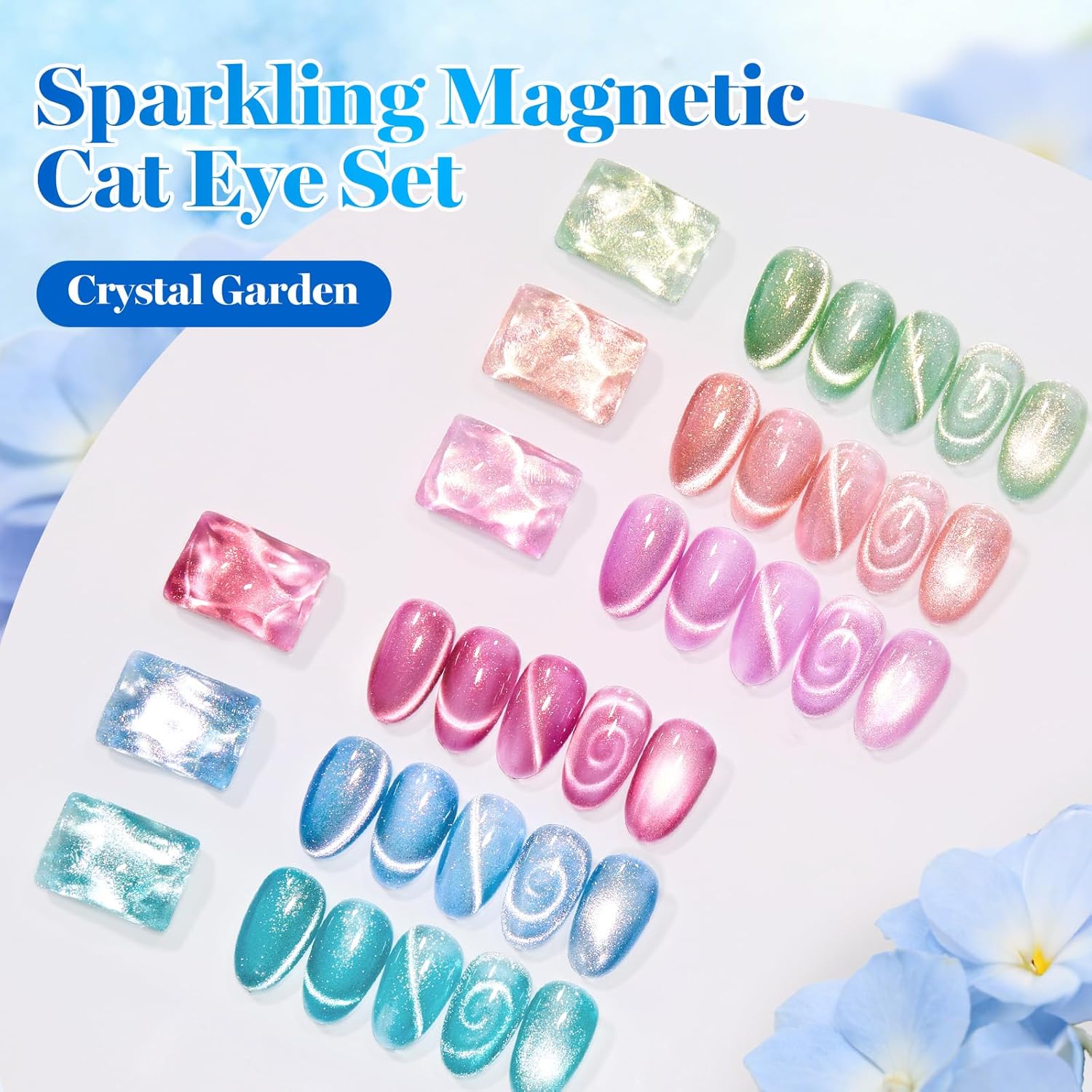 Beetles Crystal Garden Cat Eye Gel Nail Polish Set - 6 Colors 15ML Spring Gel Polish Kit Glitter Pink Blue Orange Green Magnetic Effect Soak Off UV Nail Art DIY Manicure Gift for Women.