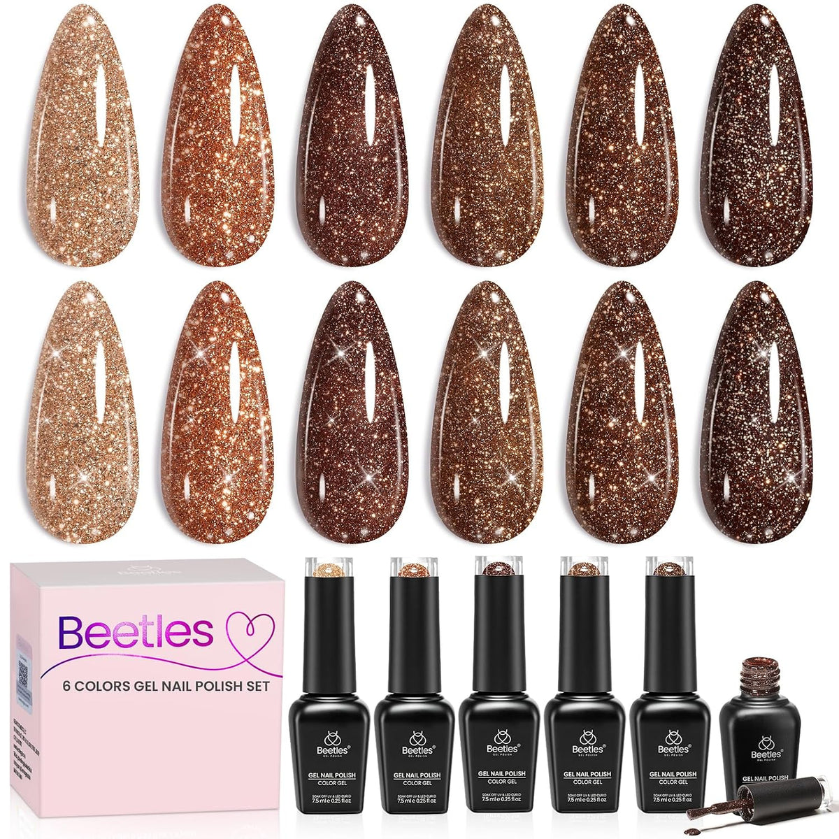 Beetles Gilded Maillard Glitter Brown 6 Colors Gel Polish Set 7.5ML Each Fall Nails