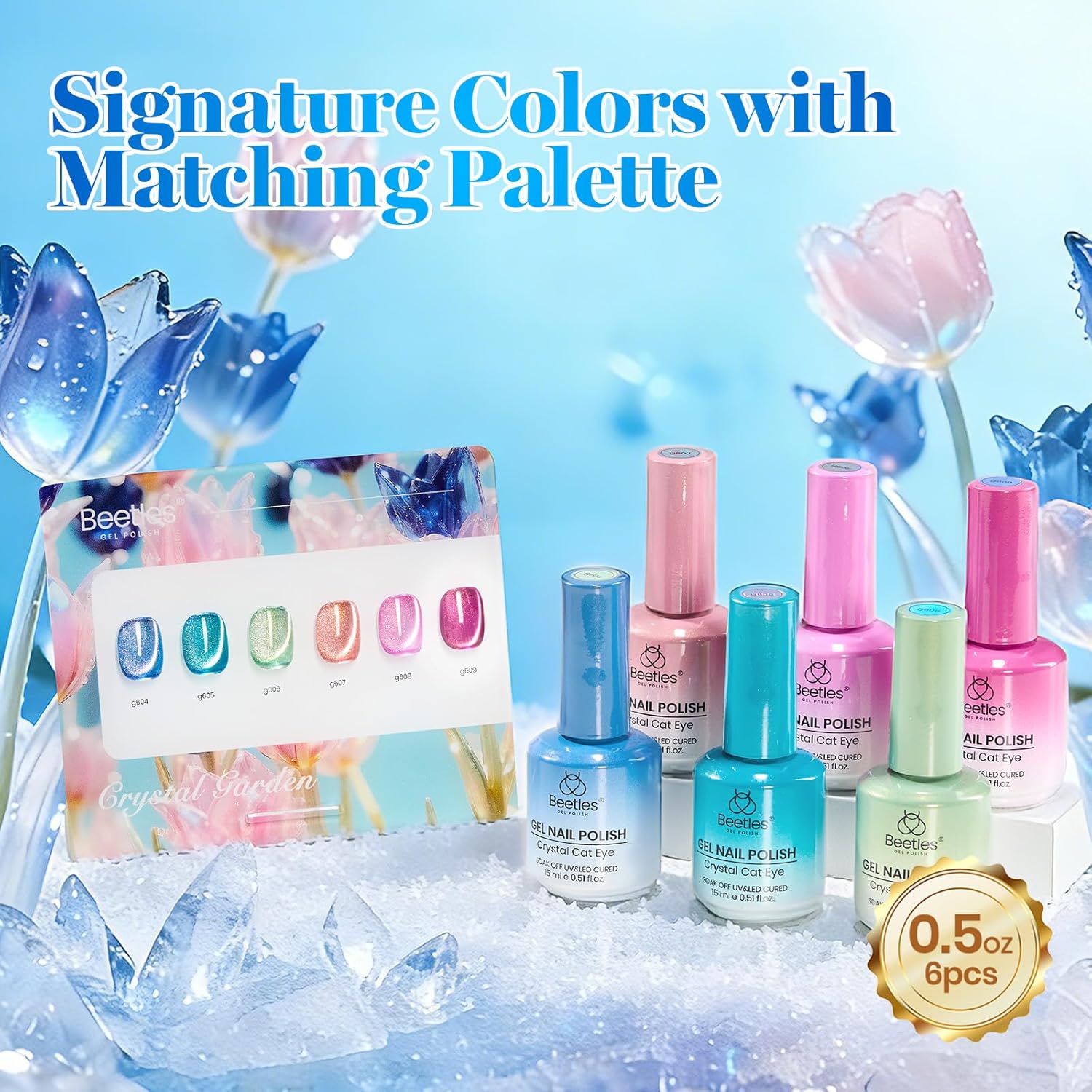 Beetles Crystal Garden Cat Eye Gel Nail Polish Set - 6 Colors 15ML Spring Gel Polish Kit Glitter Pink Blue Orange Green Magnetic Effect Soak Off UV Nail Art DIY Manicure Gift for Women.