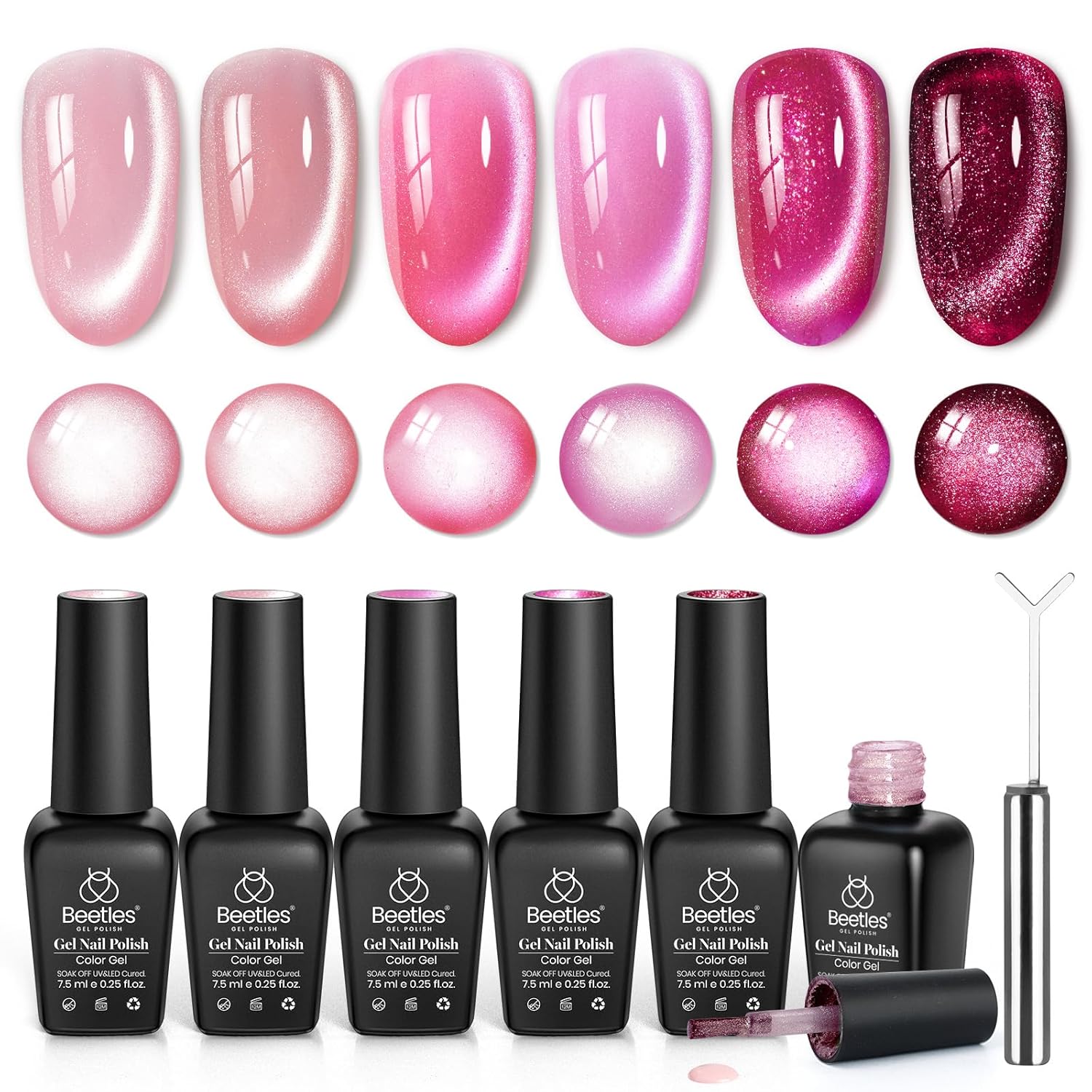 Beetles Pulse of Love Pink Cat Eye Gel Nail Polish Set - 6 Colors Summer Nails Pink Cat Eye Glitter Gel Polish Kit Magnetic Shine Soak Off UV French Nail Art Salon DIY Manicure Spring Gift for Women