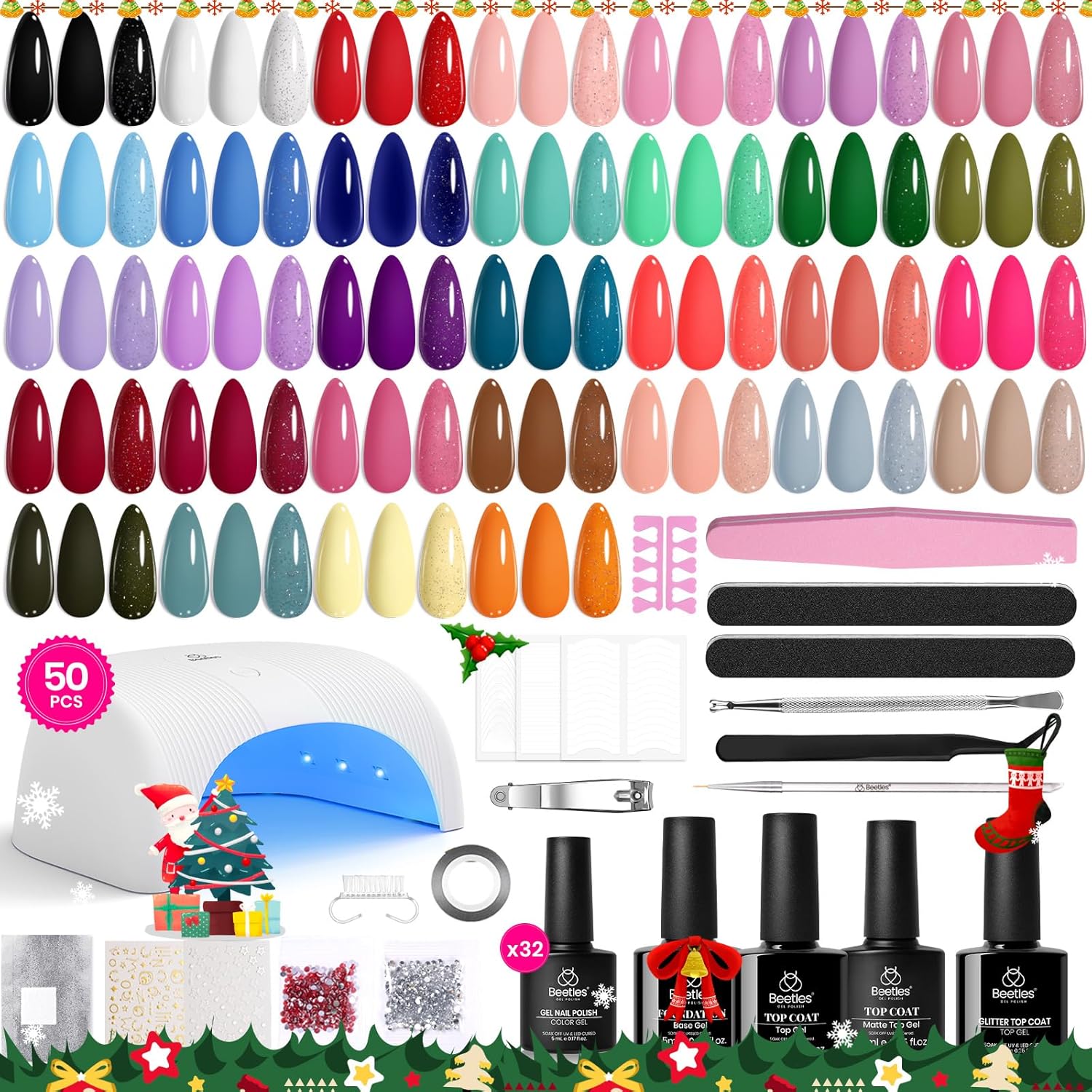 Beetles Gel Nail Polish Kit with U V Light, 32 Colors Gel Polish Nail Kit 50 Pcs Gel Polish Set with Base and Matte&Glossy Top Coat Soak Off All Season Gel Nail Kit Manicure Tools Gifts for Women