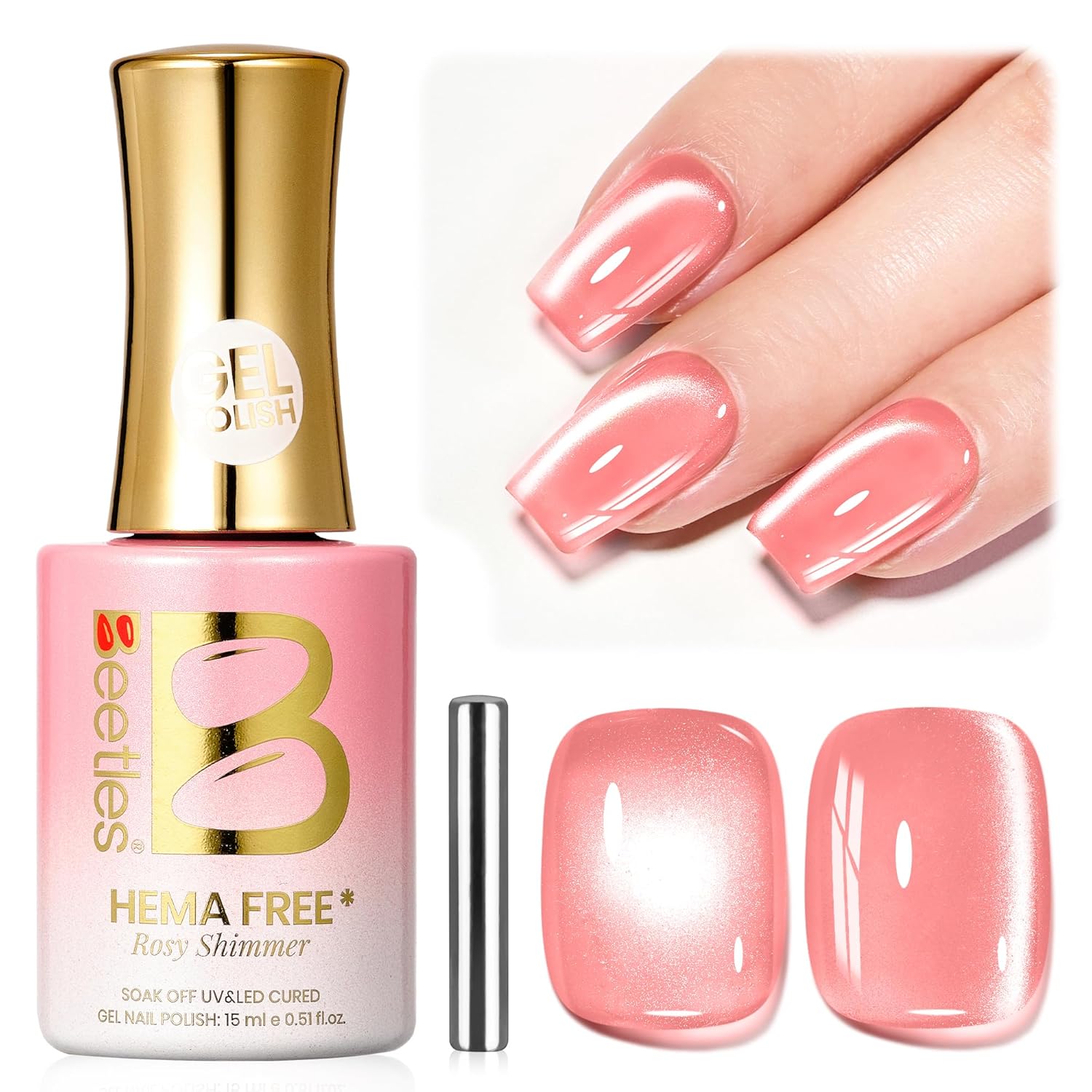 Beetles Rosy Shimmer Pink Cat Eye Gel Nail Polish - 15ML Glass Pink Glitter Cat Eye Gel Polish Magnetic Shimmer Effect Soak Off UV Summer Nails Nail Art Design
