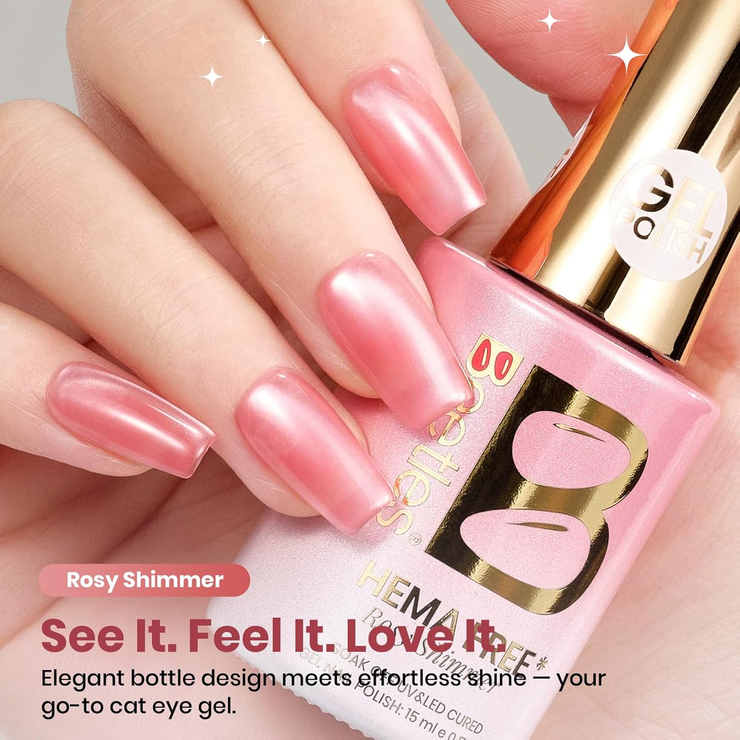 Beetles Rosy Shimmer Pink Cat Eye Gel Nail Polish - 15ML Glass Pink Glitter Cat Eye Gel Polish Magnetic Shimmer Effect Soak Off UV Summer Nails Nail Art Design