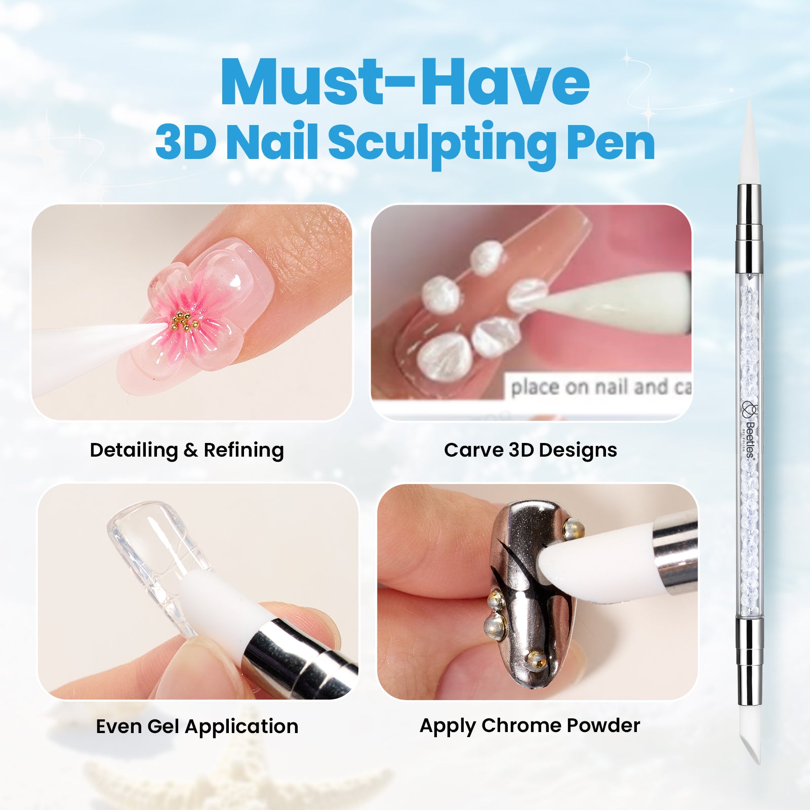 Beetles 3D Gel Nail Art with 3D Mold-2 Pcs Sandy Glow Clear and White Solid Builder Gels for Nails Non-Sticky Sculpting with Dual-Ended Sculpture Pen, Beginner Friendly DIY at Home,UV LED Lamp Needed