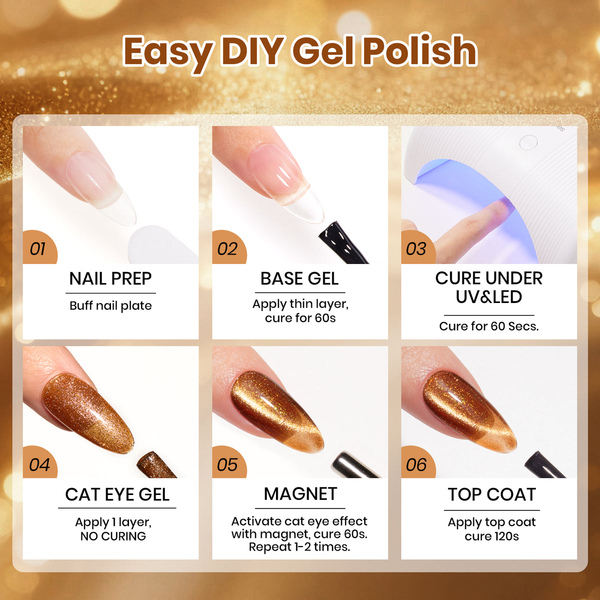 Beetles Toffee Gleam 6 Colors Brown Gel Polish Set Cat Eye Fall Winter Nails 7.5ML Each