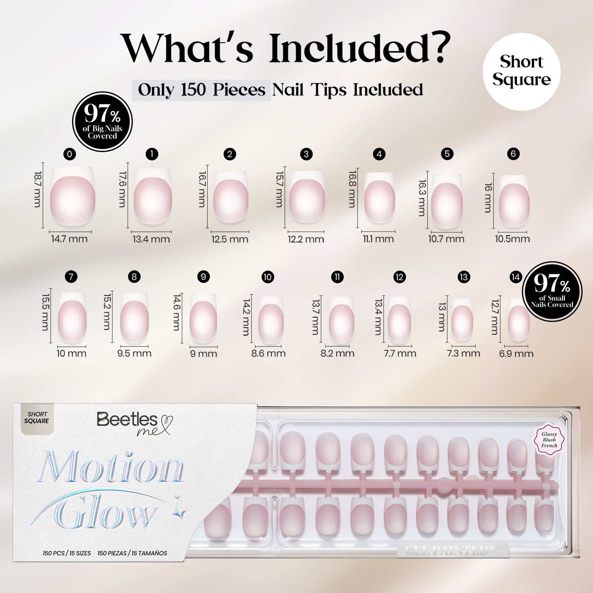 Beetles Stay Shining Glassy Blush French Press On Nails Short Square 150 PCS
