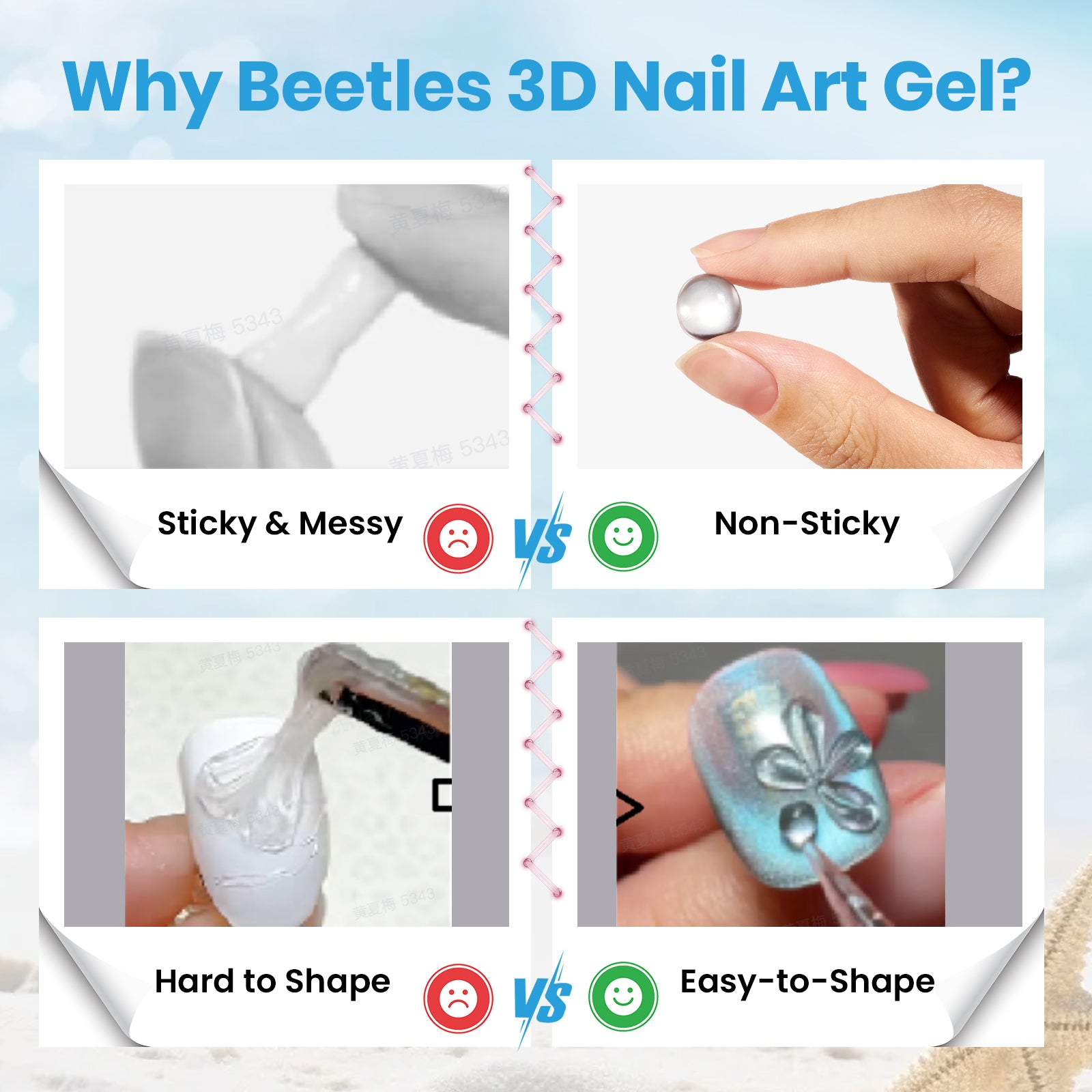 Beetles 3D Gel Nail Art with 3D Mold-2 Pcs Sandy Glow Clear and White Solid Builder Gels for Nails Non-Sticky Sculpting with Dual-Ended Sculpture Pen, Beginner Friendly DIY at Home,UV LED Lamp Needed