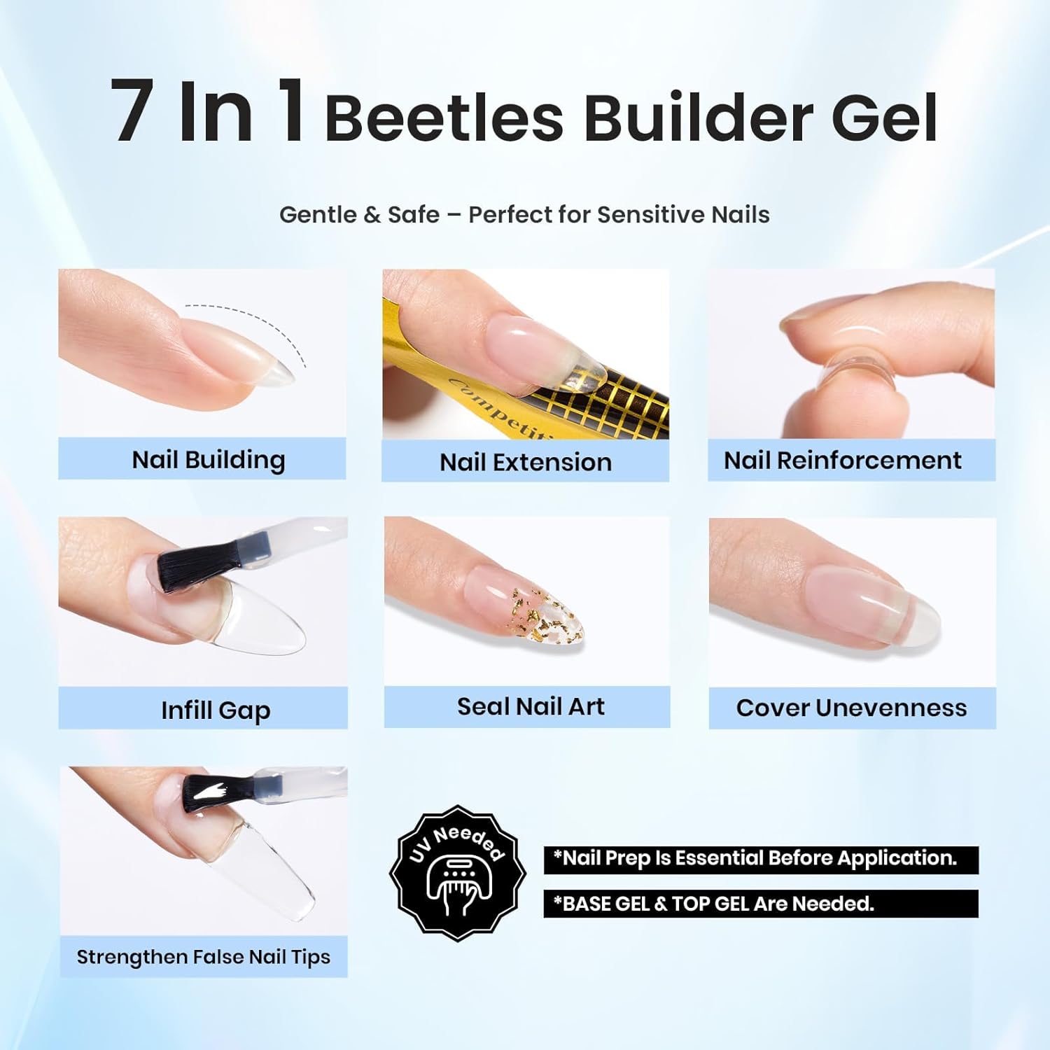 Beetles Builder Gel Kit-Dew Glow 2Pcs 0.51oz 8 in 1 Nail Extension Building Nail Apex Strengthener for Thin Nails with Liner Brush DIY Salon at Home for Beginners,UV & LED Lamp Needed