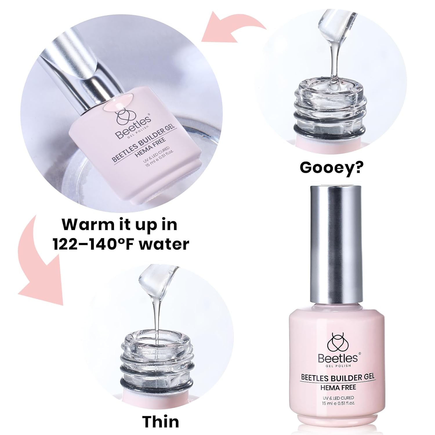 Beetles HEMA-Free Builder Nail Gel, 0.5 oz 8 in 1 Jelly Pink Gel Builder for Sensitive Nails Strengthening & Building Nail Apex UV & LED Lamp Cured DIY Salon at Home for Beginners Women