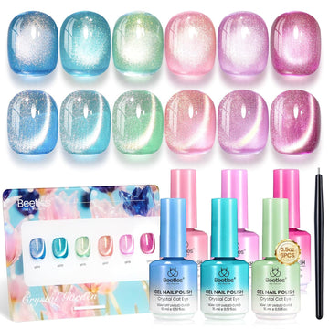 Beetles Crystal Garden Cat Eye Gel Nail Polish Set - 6 Colors 15ML Gel Polish Kit Glitter Summer Nails Magnetic Effect Soak Off UV Nail Art DIY Manicure Gift for Women.