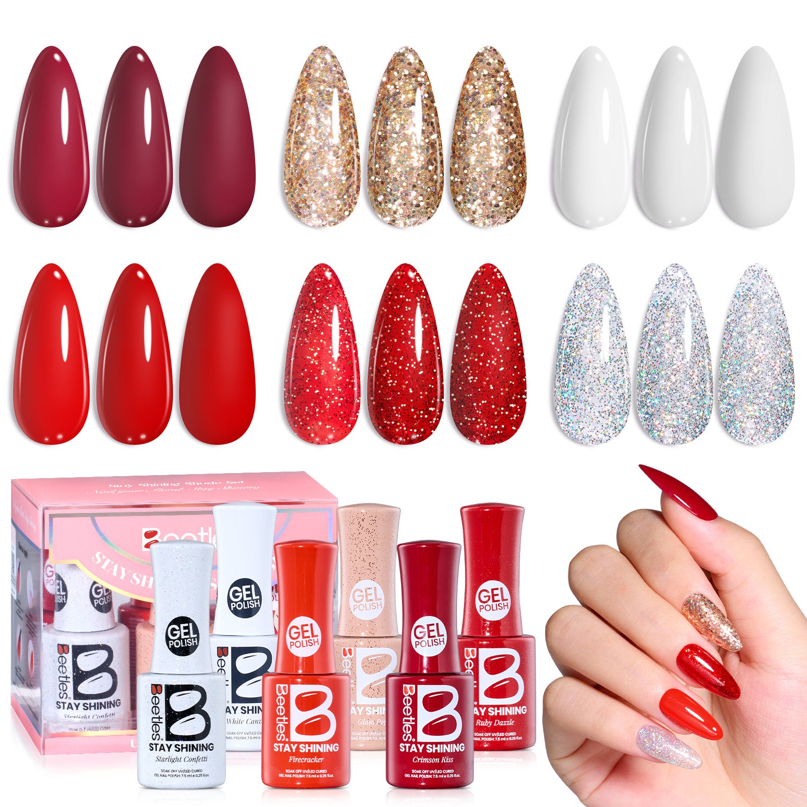 Beetles Gel Polish Crimson Glamour Shade Set -6 Pigments of Soft Joy, 7.5ml of Healing Carry