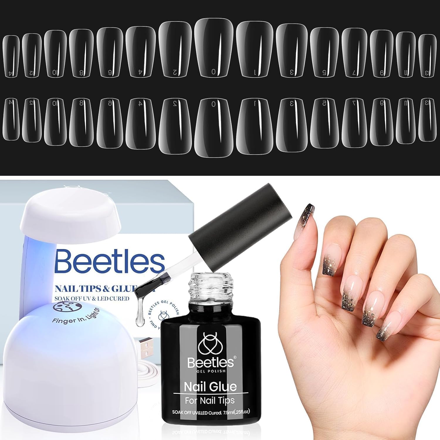Beetles Gel Nail Tips 510Pcs 15 Sizes Short Coffin Acrylic Kit - Clear Tips, 5 in 1 Glue Base Gel, UV LED Lamp for Easy DIY Press-on Extension Set for Women