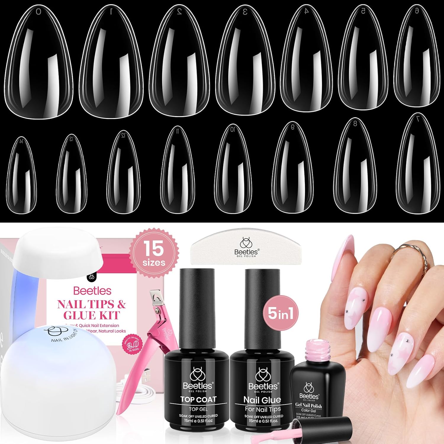 Beetles Gel Nail Kit - 600Pcs 15 Sizes Medium Almond Tips With Pink Color Gel Top Coat, Soft Clear Press-on, 5-in-1 Glue, UV Lamp - Easy Extension Set for Women