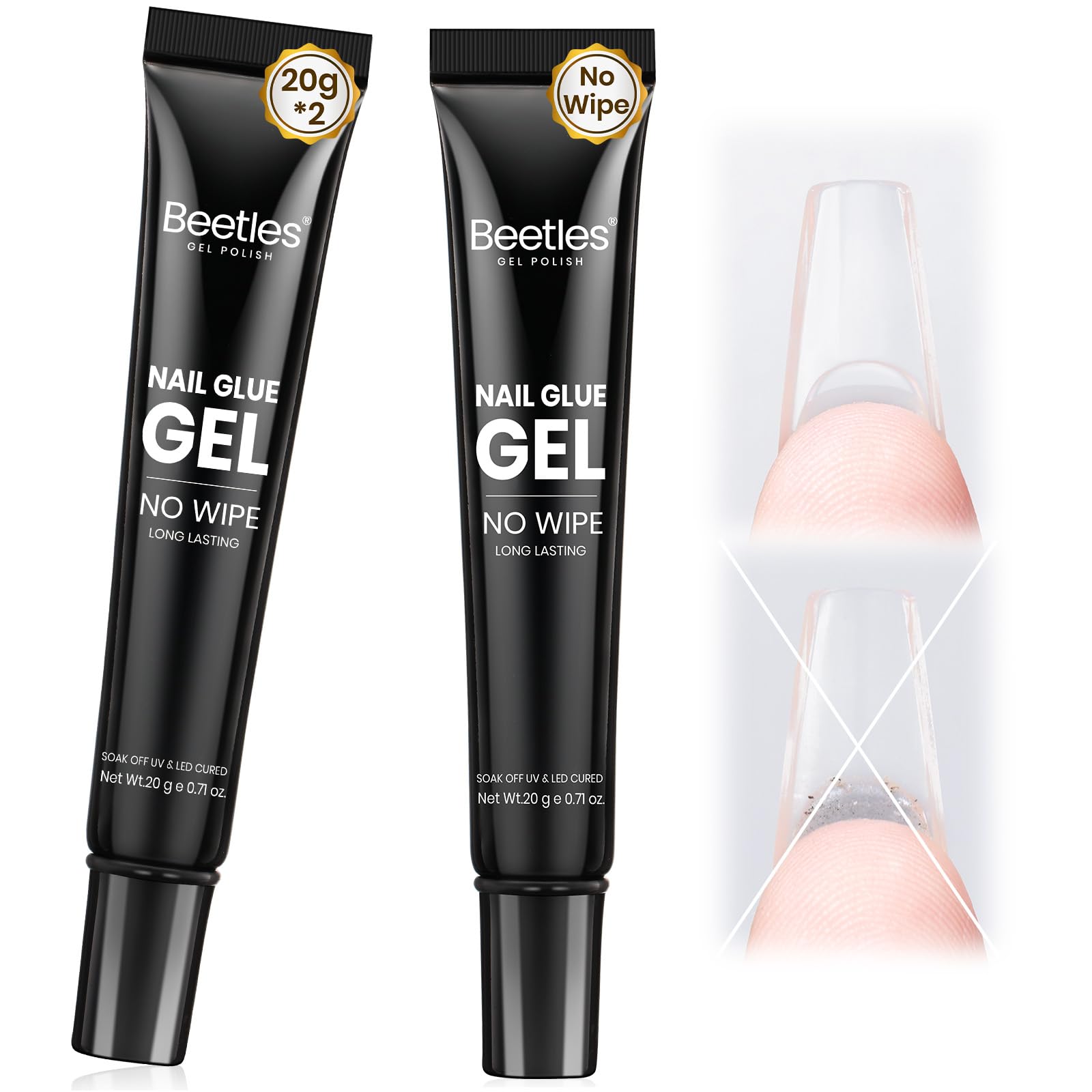 Beetles 2Pcs 20g Nail Glue Gel, No Wipe, Hands-Free Tipex Solid Nail Glue Gel