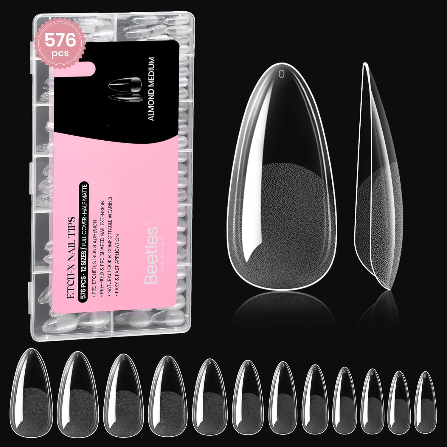 Beetles Almond Medium Nail Tips 576pcs 12 Sizes DIY Nail Extension Gift for Women