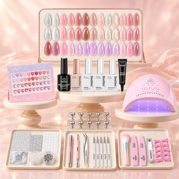 Beetles Gel Nail Starter Kit Sheer Daylight Cat Eye Nails 80Pcs 20 Colors Jelly Gel Nude Red Purple Glitter All-in-One Mani Kit