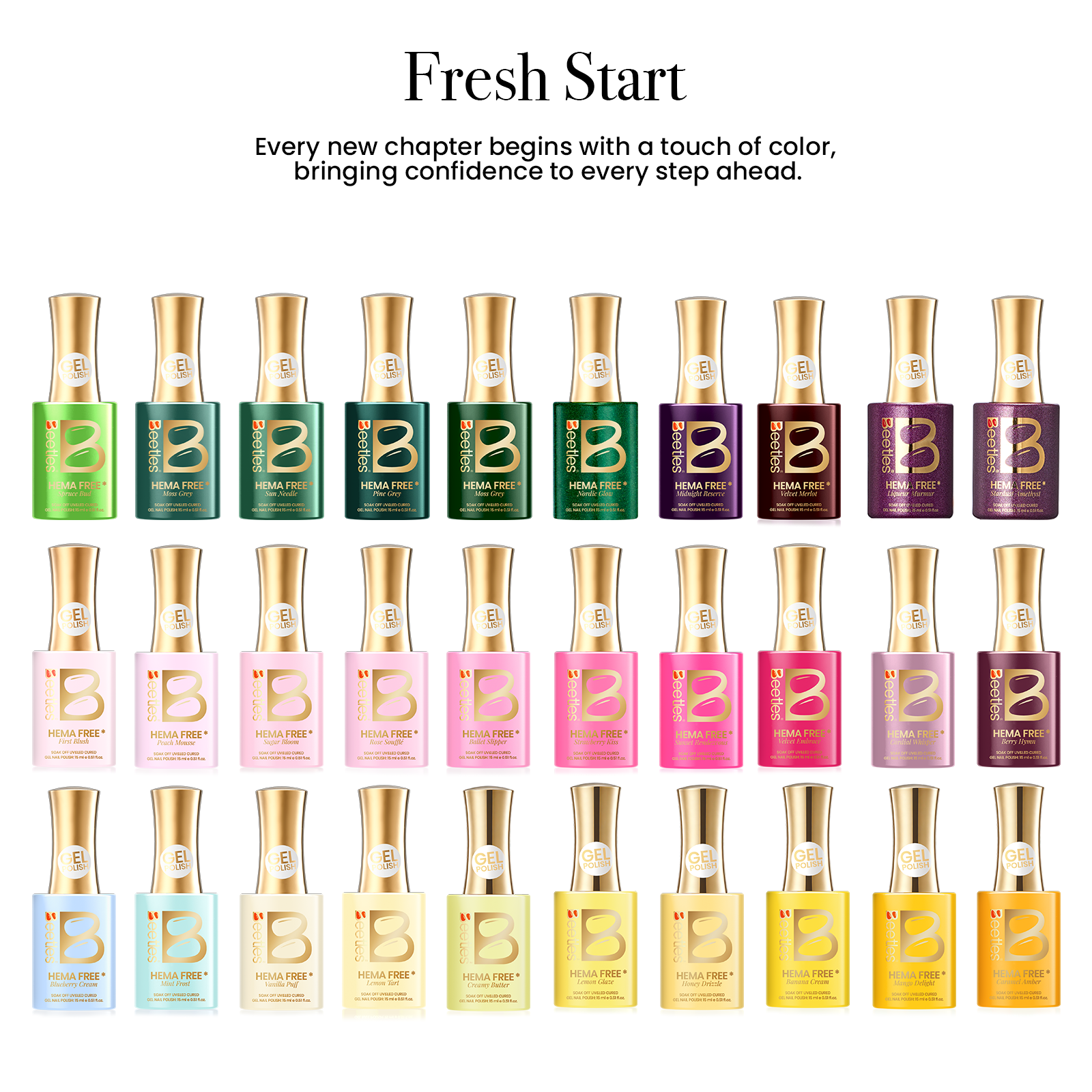 (Each 15ml) Fresh Start- Beetles 30 Colors HEMA Free Gel Polish Set With Display Color Card Back to School Nails