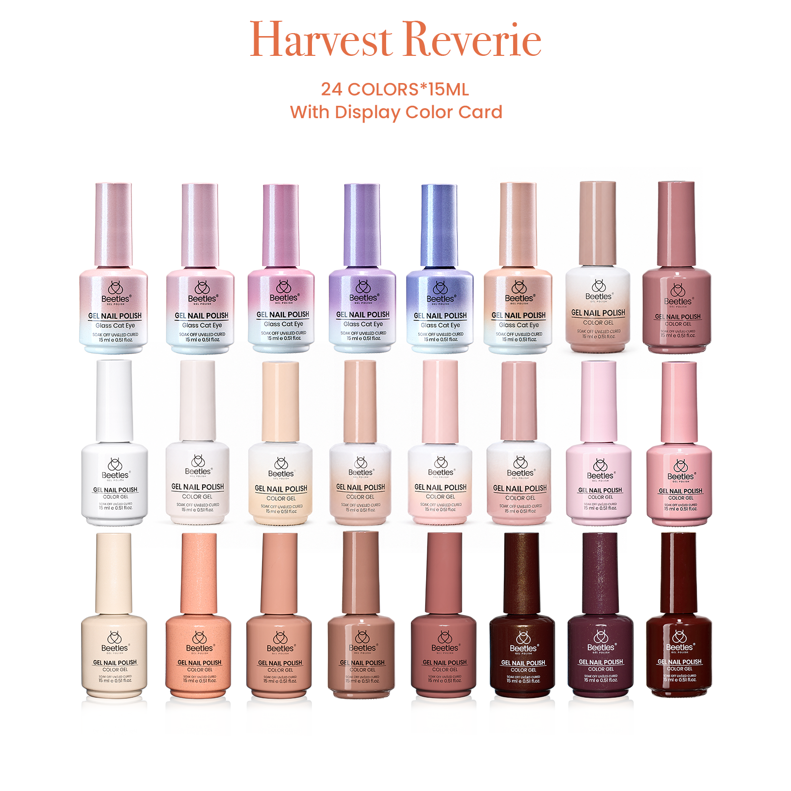 (Each 15ml) Harvest Reverie - Beetles 24 Colors Nude Nails Gel Polish Set With Display Color Card