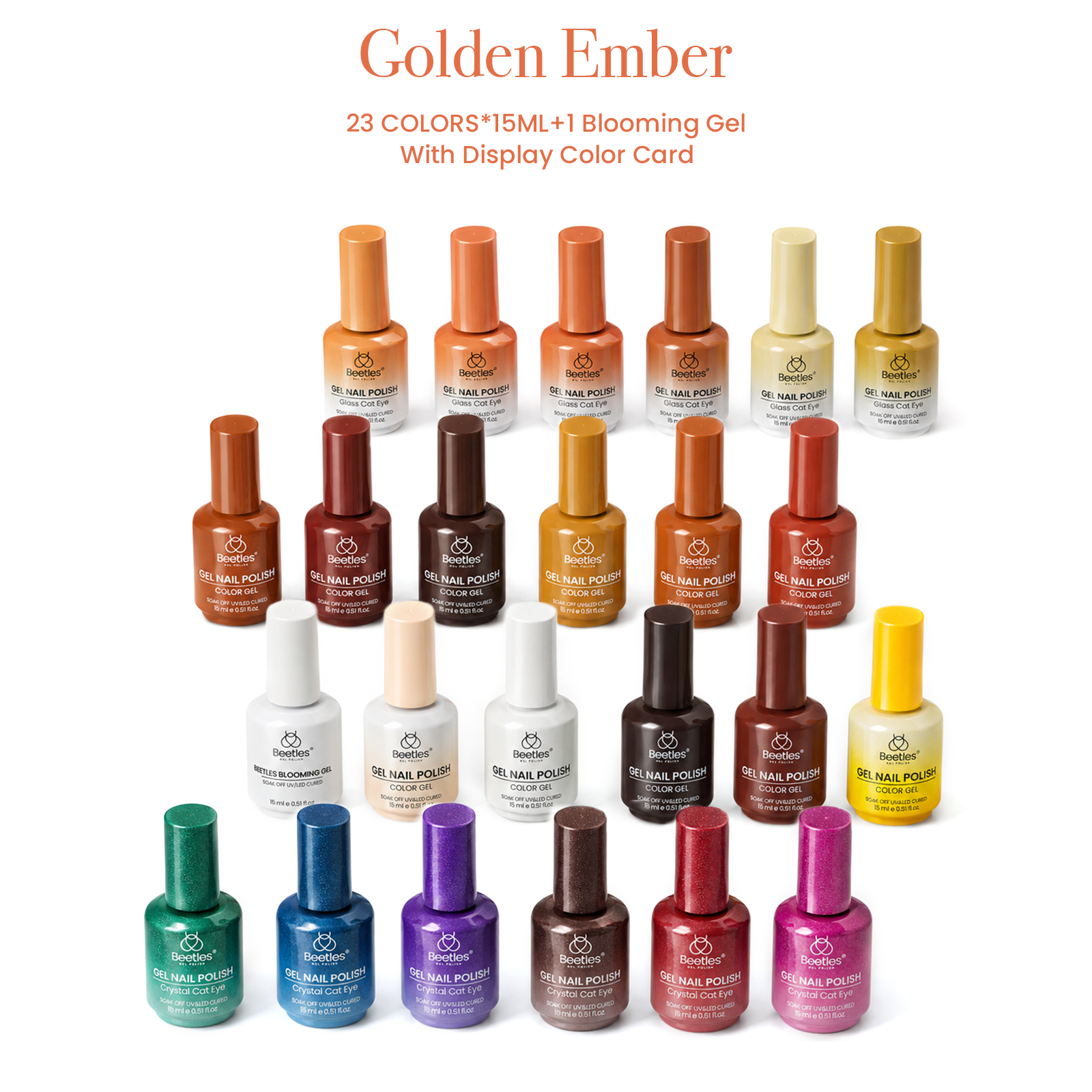 (Each 15ml) Golden Ember - Beetles 23 Colors +1 Blooming Gel Autumn Nails Cat Eye Gel Polish Set With Display Color Card