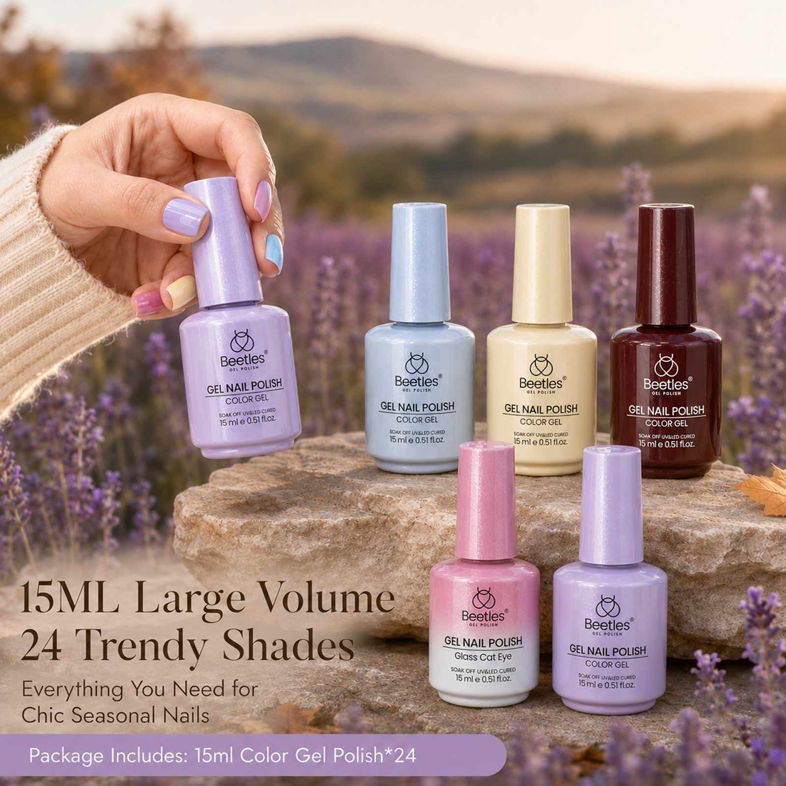 (Each 15ml) Lavender Harvest - Beetles 24 Colors Candy Nails Gel Polish Set With Display Color Card