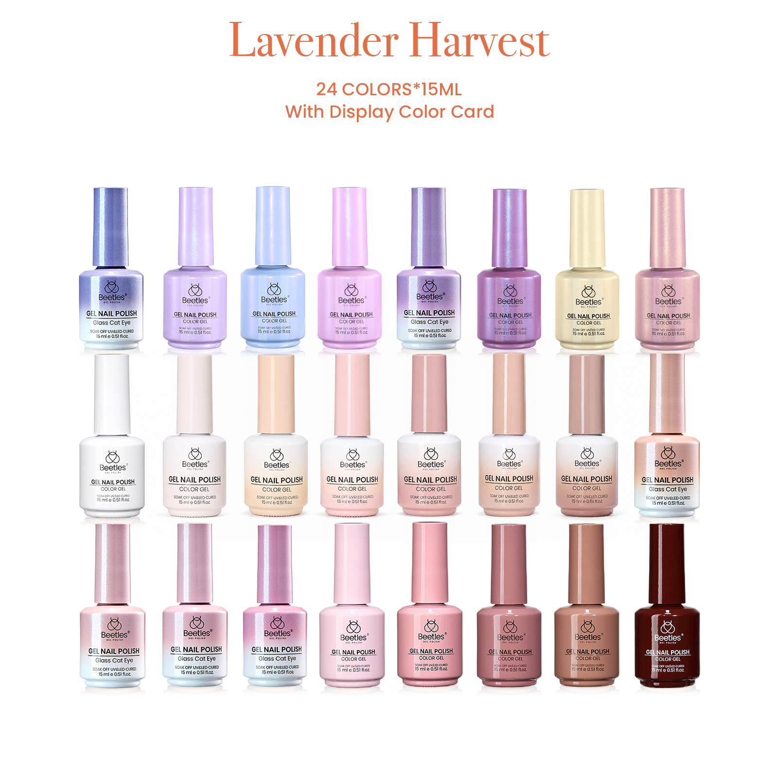(Each 15ml) Lavender Harvest - Beetles 24 Colors Candy Nails Gel Polish Set With Display Color Card