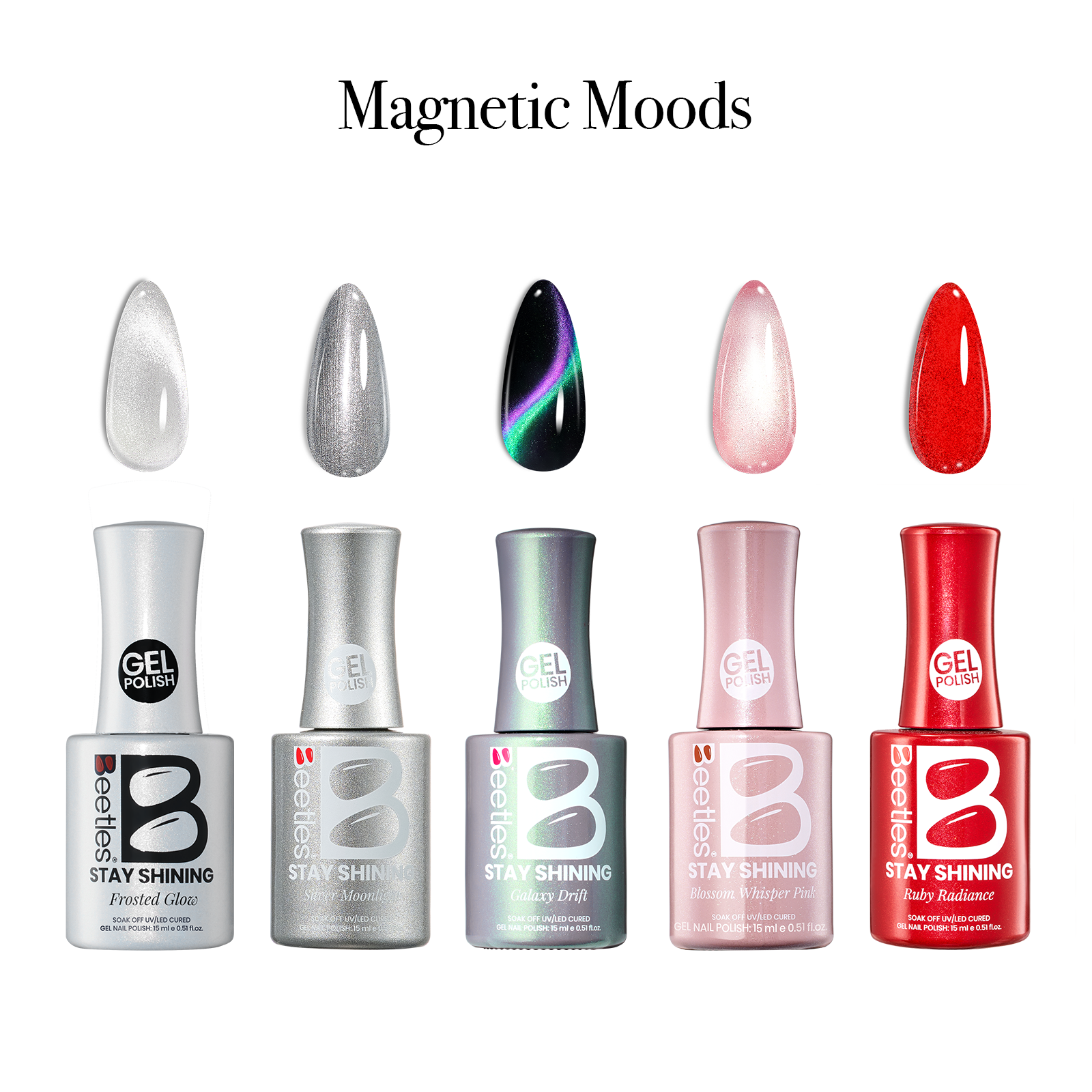 (Each 15ml) Magnetic Moods-Beetles 5 Colors Cat Eye Gel Polish Set