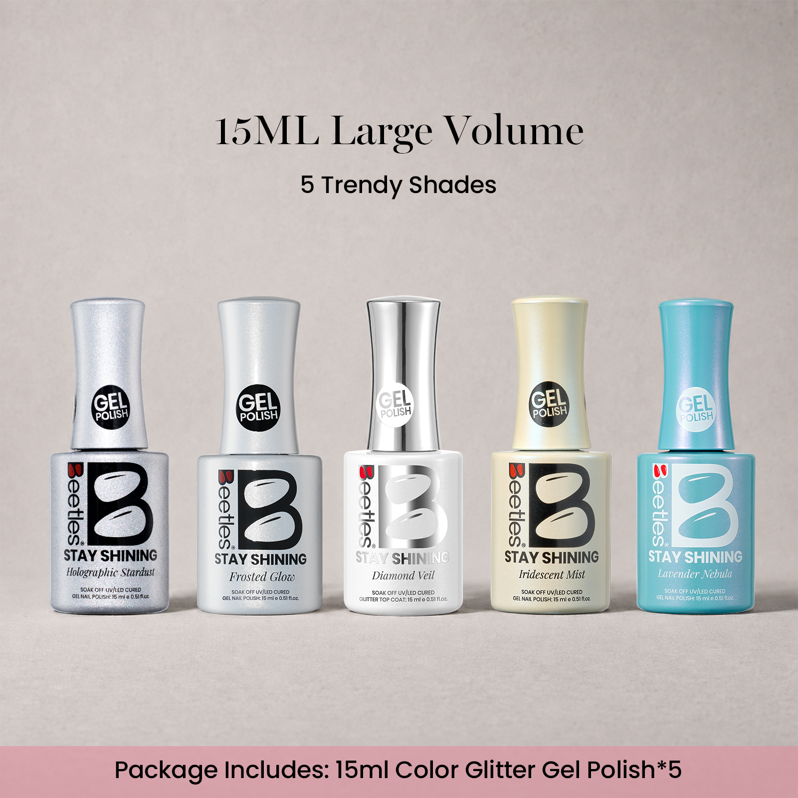 (Each 15ml) Glitter Glow-Beetles 5 Colors Glitter Gel Polish Set