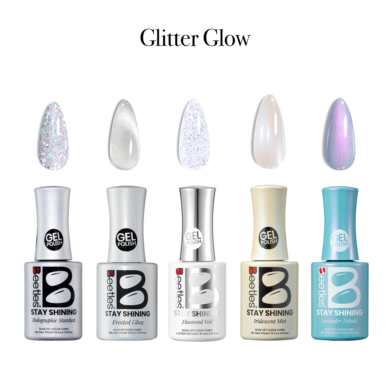 (Each 15ml) Glitter Glow-Beetles 5 Colors Glitter Gel Polish Set