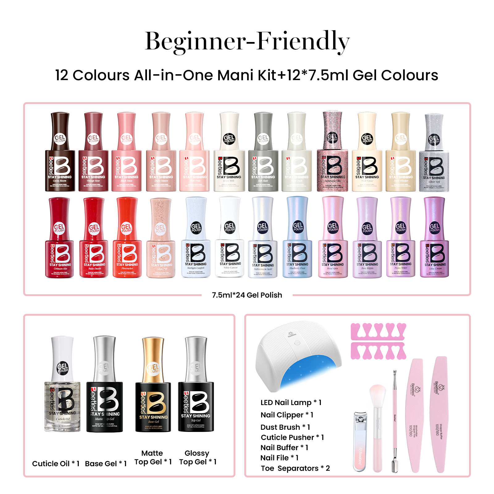 Starter Color Studio-Beetles 24 Colors Gel Polish Set All-in-One Mani Kit 7.5ML