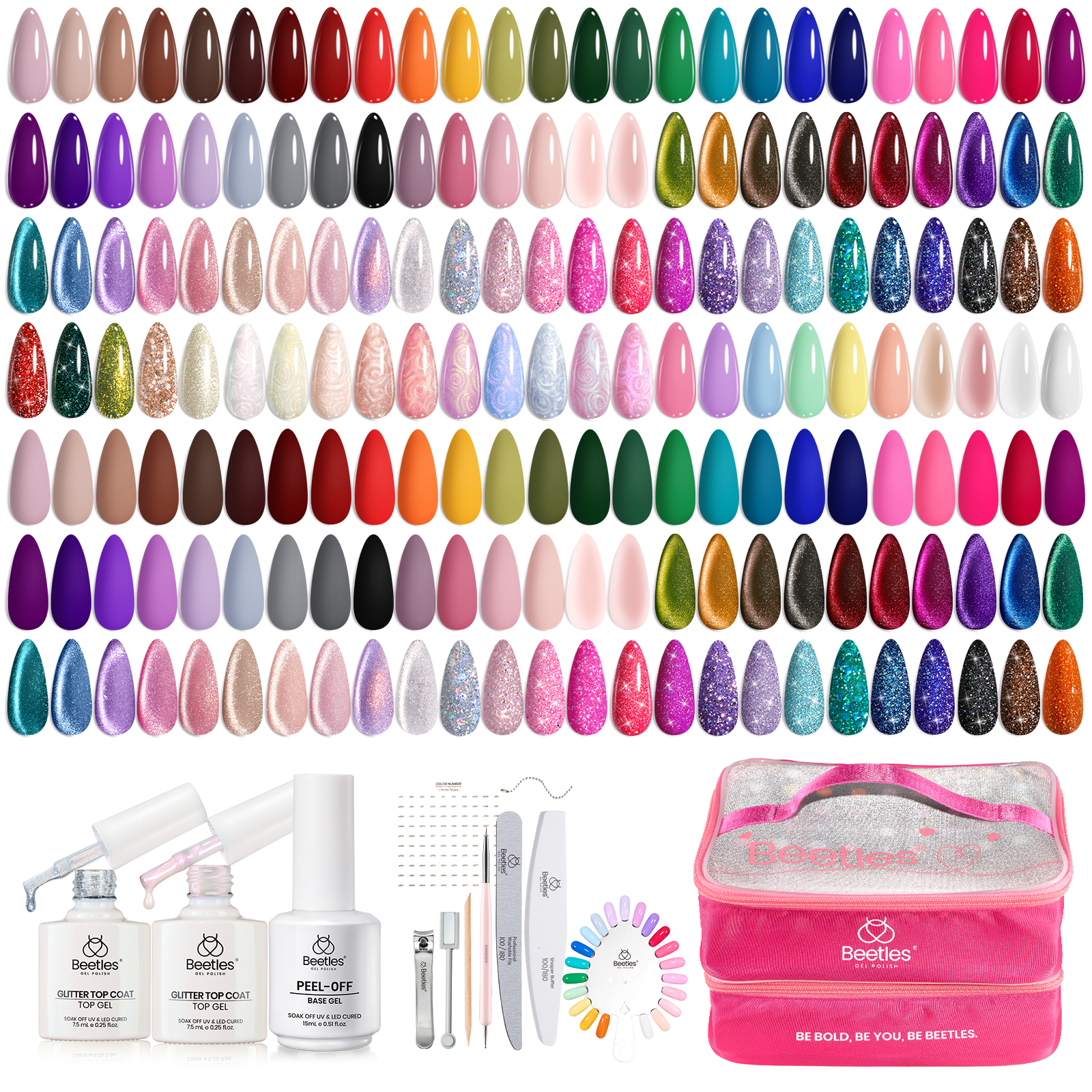 Beetles Nail Nook 100 Colors Nails | 119PCS with Cat Eye Gel Storage Bag Gel Polish Set for All Season