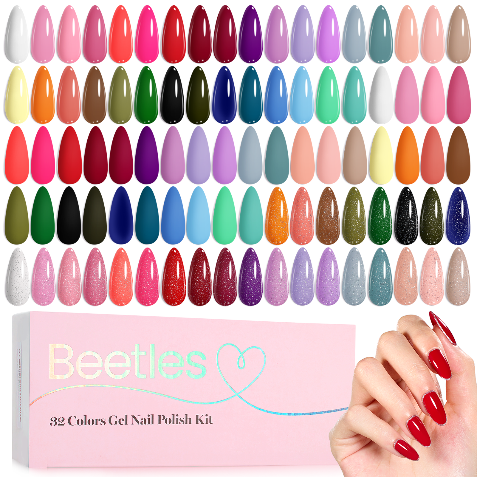 Fingertip Palette - Beetles Nails Prime 32 Gel Colors Set with Top and Base Coat (5ml/Each)