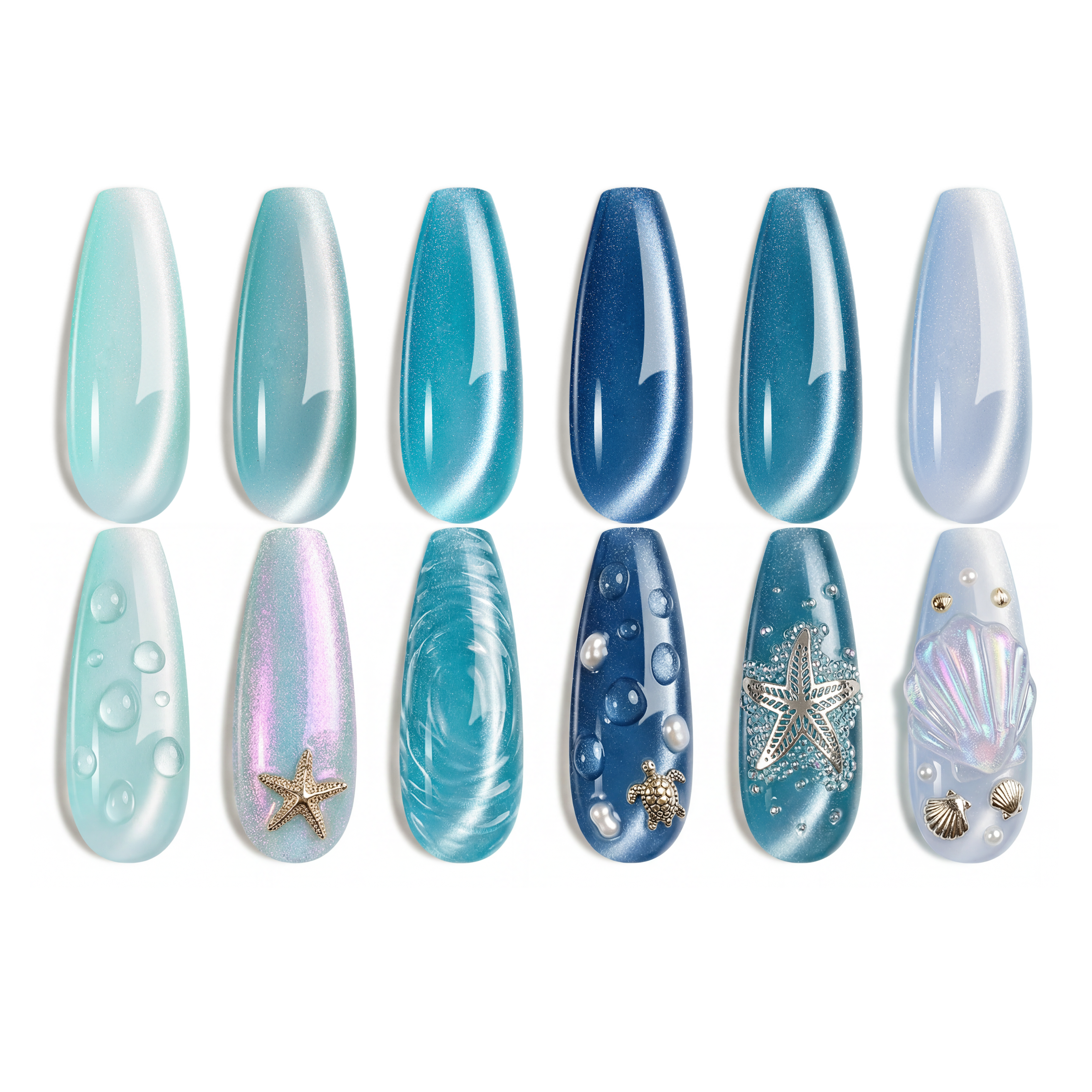 Moonlit Mist - Blue Glitter Glass Spring Nails  Cat Eye  6 Colors Gel Polish Set