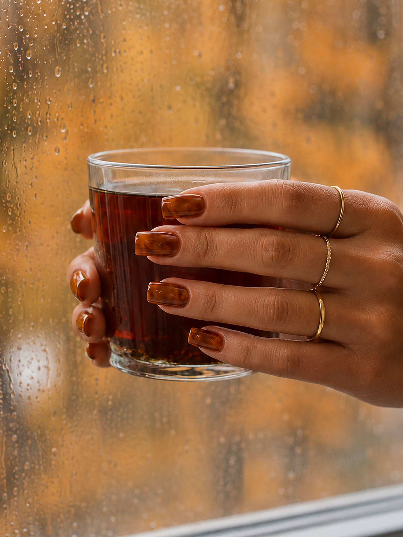 Glossy amber tortoiseshell square nails with warm caramel marbling and a translucent jelly finish for an elegant autumn manicure.