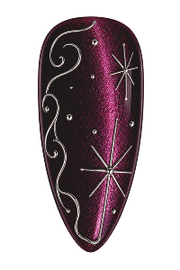 Apply a layer of chrome-proof matte top coat and cure for 30 seconds. Use 3D sculpting gel to draw vines, suns, and decorative dots on the nail surface, then cure under the lamp for 60 seconds. Rub silver chrome powder onto the 3D gel using a sponge applicator or your finger, then clean the nail surface with a nail brush.