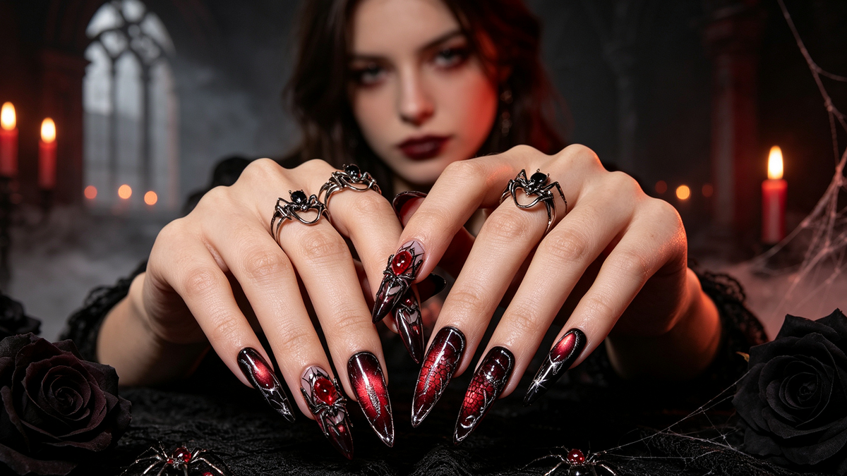 Red and black vampire stiletto nails with blood-red jelly gel, spiderweb details, and 3D spider charms