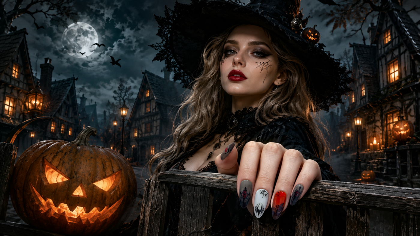 Smoky gray, white, and red almond nails with spiderwebs, gothic silhouettes, and jelly ombre for a haunting Halloween look.