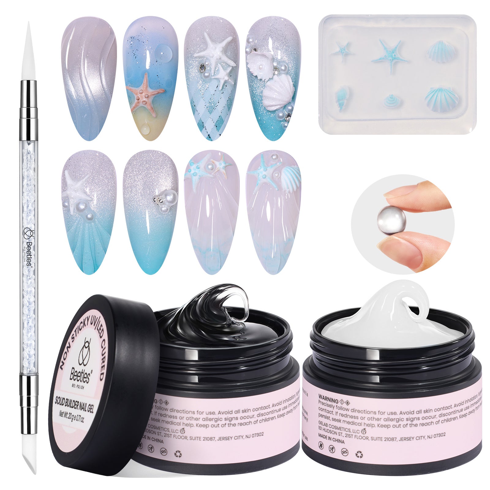 Beetles 3D Gel Nail Art with 3D Mold-2 Pcs Sandy Glow Clear and White Solid Builder Gels for Nails Non-Sticky Sculpting with Dual-Ended Sculpture Pen, Beginner Friendly DIY at Home,UV LED Lamp Needed