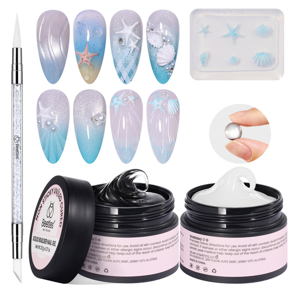 Beetles 3D Gel Nail Art with 3D Mold-2 Pcs Sandy Glow Clear and White Solid Builder Gels for Nails Non-Sticky Sculpting with Dual-Ended Sculpture Pen, Beginner Friendly DIY at Home,UV LED Lamp Needed