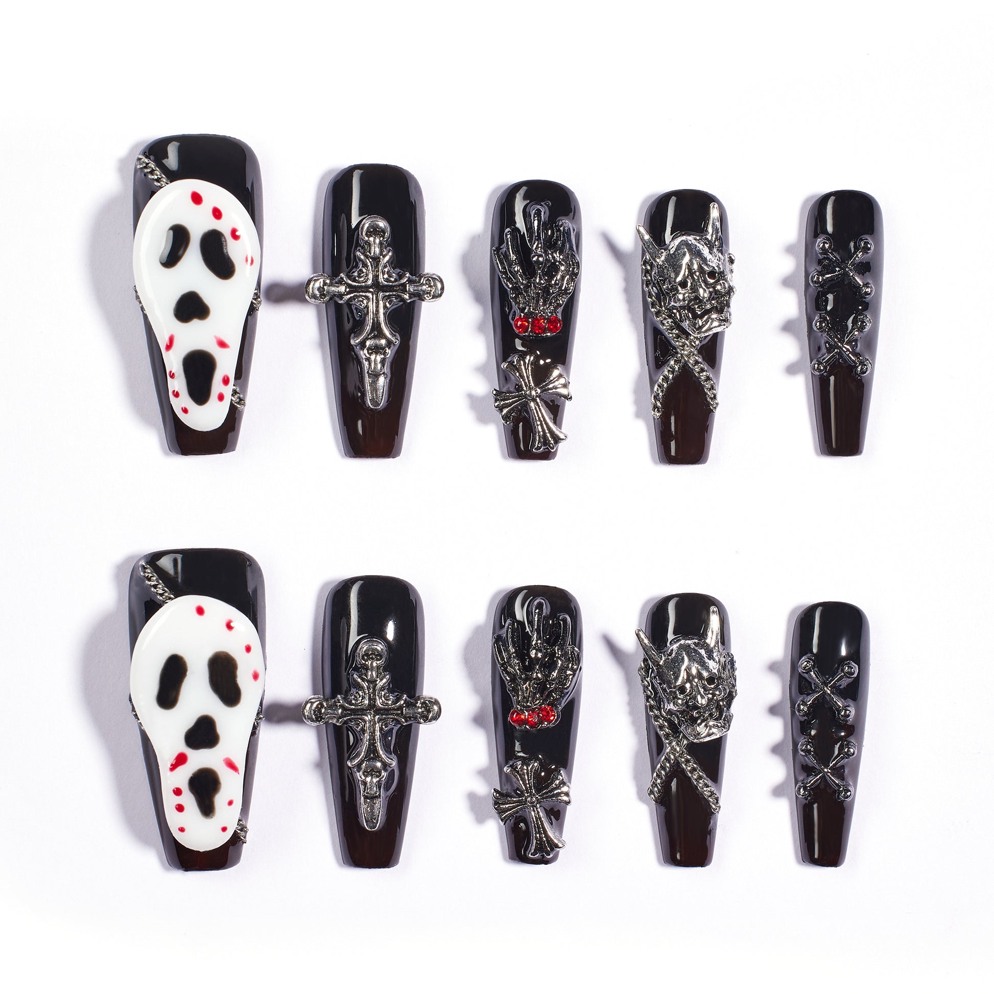 Helloween Black Ghost | Medium Coffin Press On Nails in 16 Sizes-32Pcs