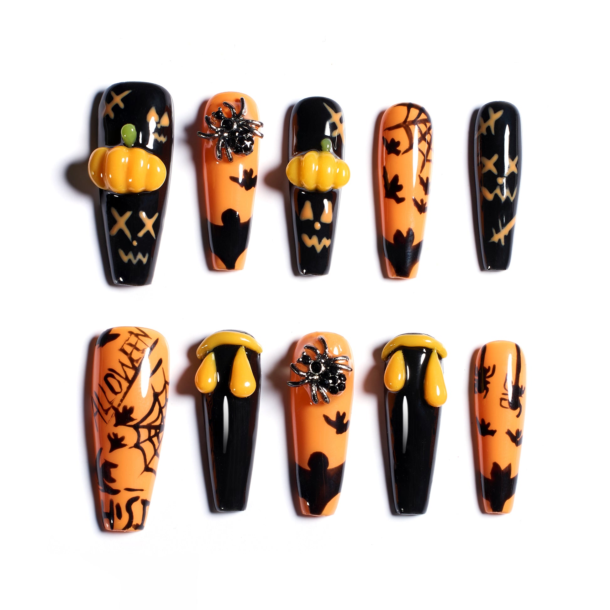 Helloween Pumpkin | Medium Coffin Press On Nails in 16 Sizes-32Pcs