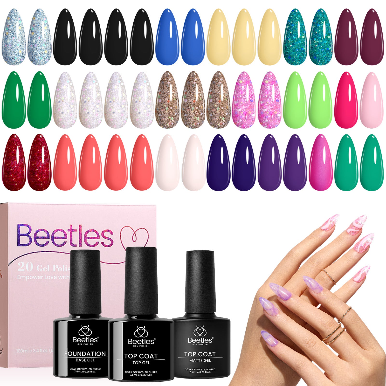 Beetles Gel Polish 20 Colors Black Blue Yellow Green Purple Red Gel Nail Polish Set, 23pcs Hot Pink Sequins Gel Sparkling Glitter Gel Polish Soak Off UV Kit with Glossy Matte Top and Base Coat