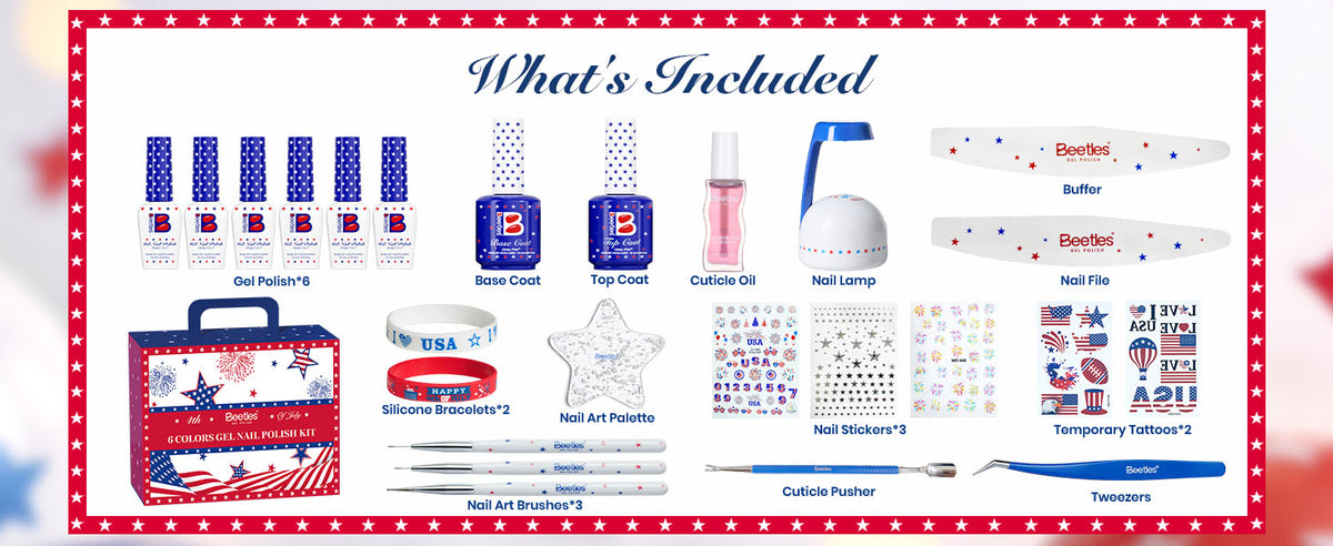Beetles 6 HEMA-Free & TPO-Free gel nail polishes and all tools and nail arts you need to complete a 4th of July nails in Beetles Independence Day Gift Box
